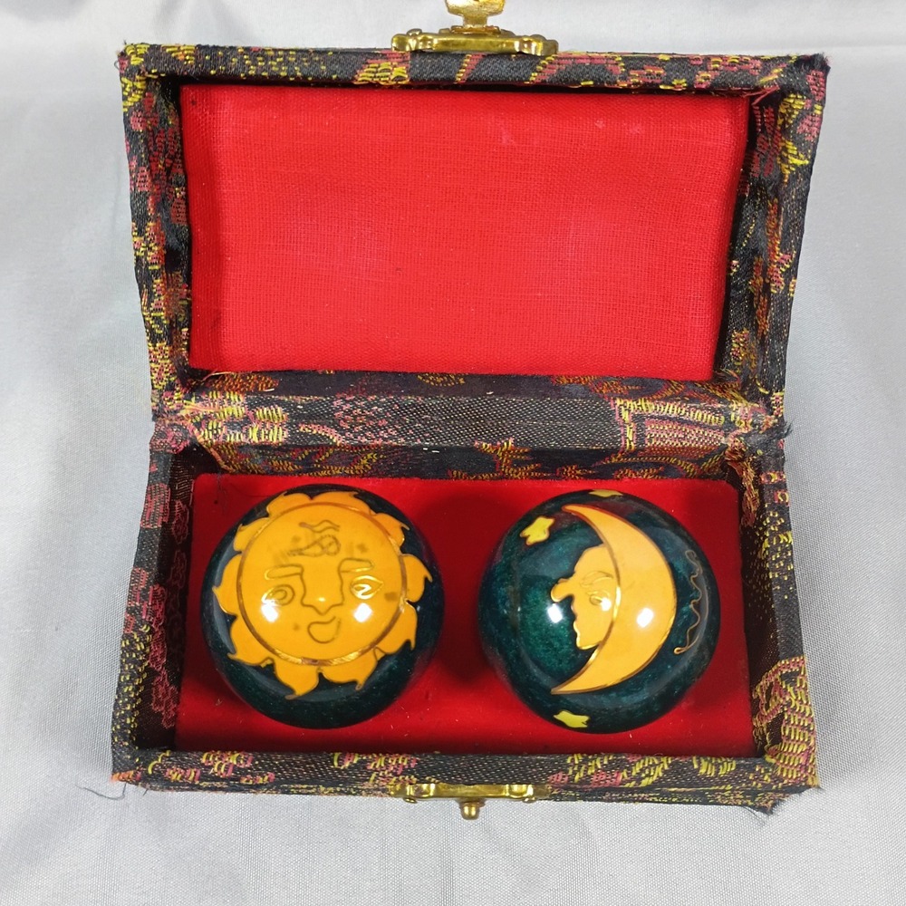 Vintage Celestial Baoding Balls Sun Moon Meditation Chime Stress Relief Set Box